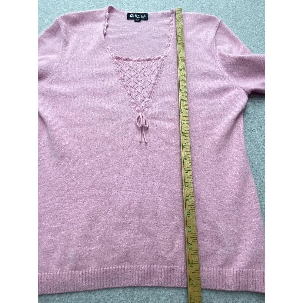 ERDOS Sweater Womens 105 Pink Cashmere Blend V Neck Bow Knit Pullover Top